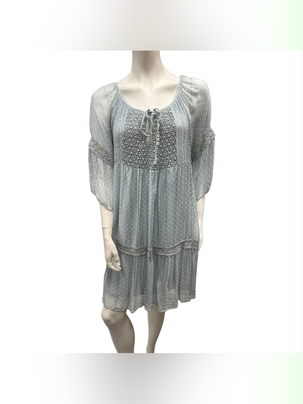 Bellambra Light Blue Sheer Peasant Dress with Crochet Yoke Size M